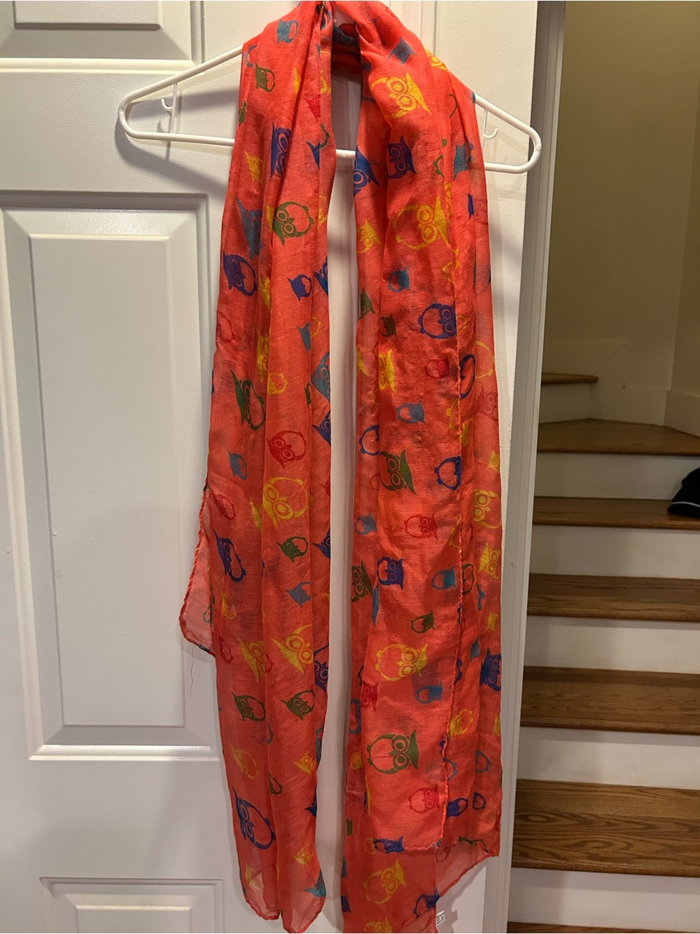 Peach Couture Coral Scarf with Multicolor Owl Motif